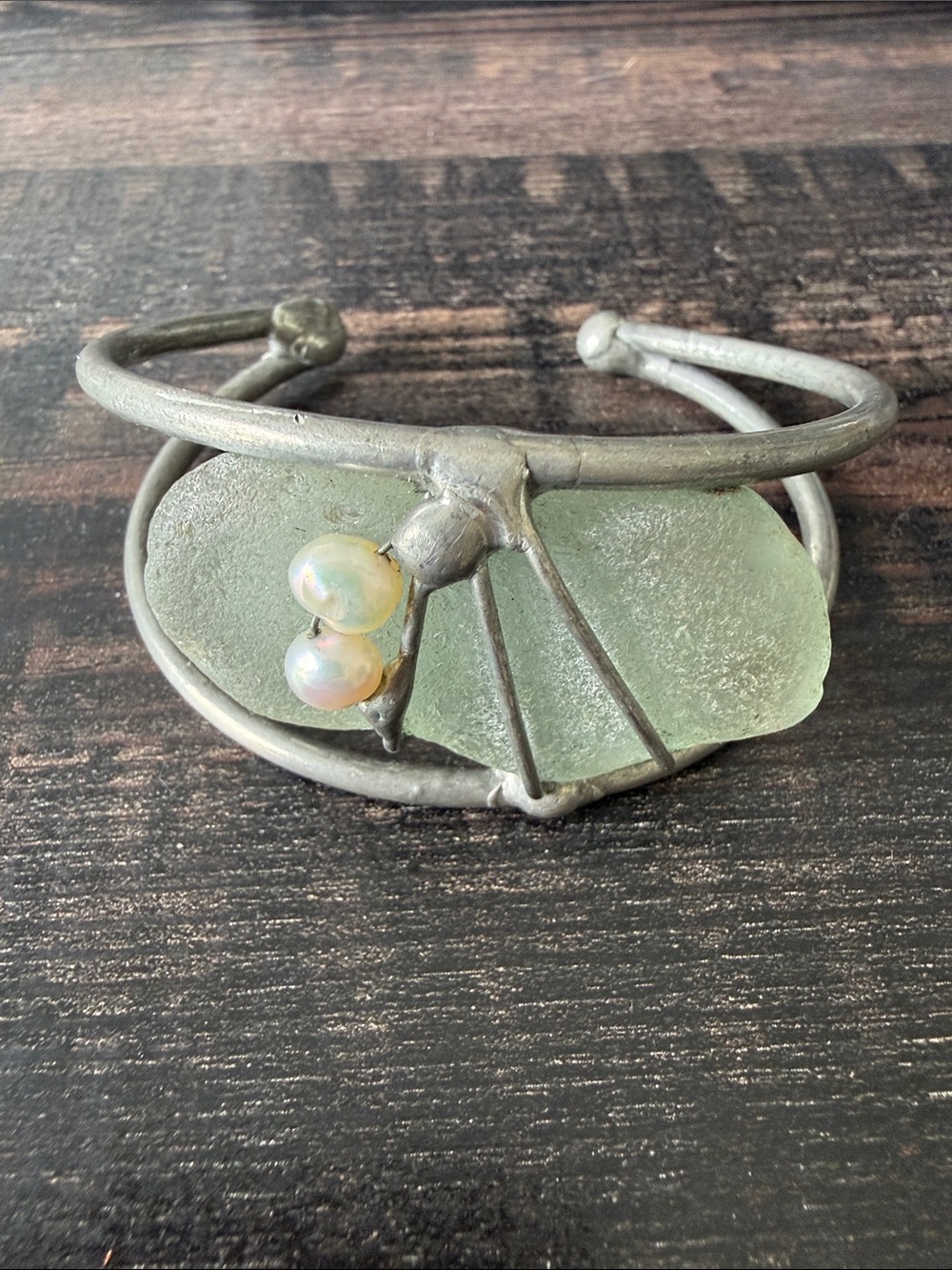 Sea Glass & Opal Accent Silver-Tone Cuff Bracelet